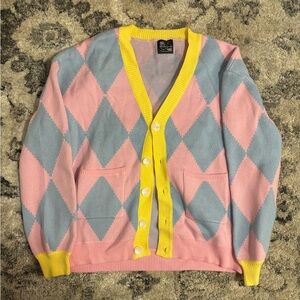 Pink and Blue Argyle Cardigan with Yellow Trim